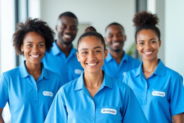 Zenith Cleanse team members in branded uniforms, smiling and standing confidently in a clean office space.