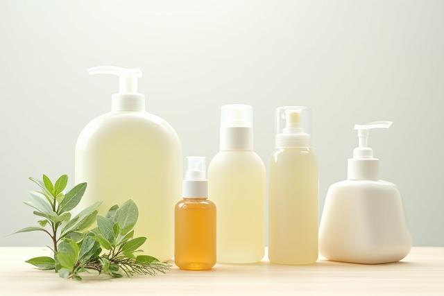 Green cleaning products and a plant on a clean surface, highlighting eco-friendly solutions