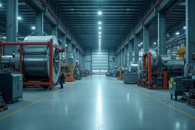 Worker cleaning large machinery on a spotless industrial factory floor